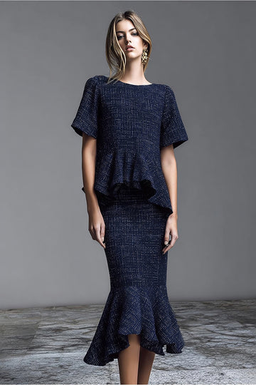 Navy Boat Neck 2-Piece Mermaid Work Dress